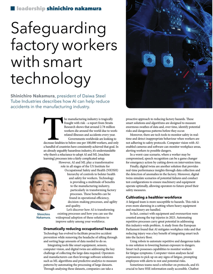 SHIN Nakamura, the president of o2Oh, wrote an article on safeguarding with smart technology published in the recent International Lift and Hoist issue. 